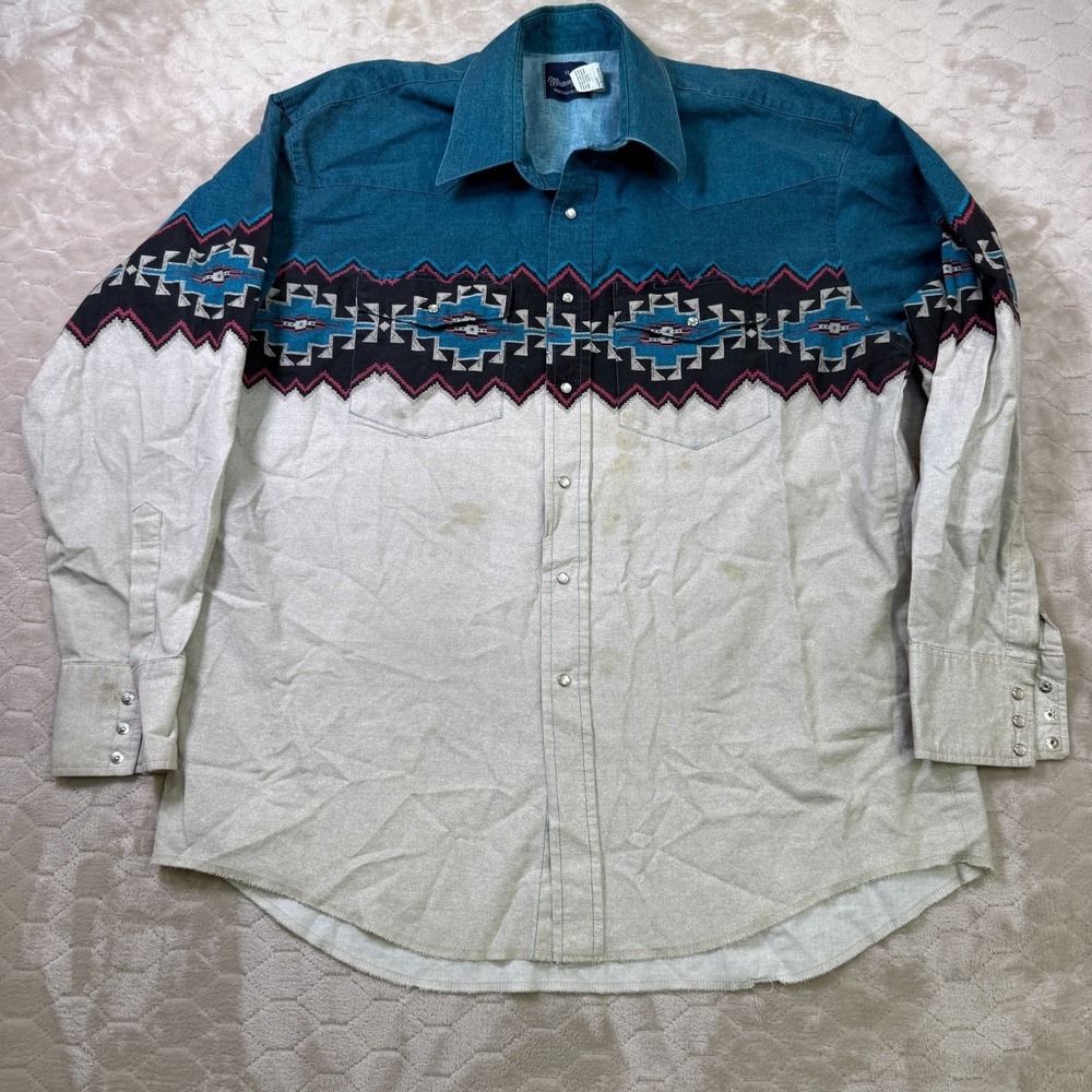 VTG Wrangler Shirt Mens XL Teal Tan Aztec Tribal Pearl Snap Button Up STAINED